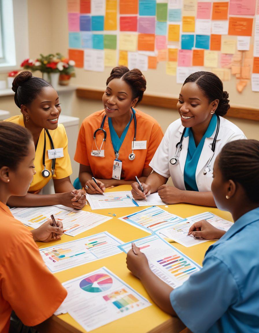 A heartwarming scene depicting a diverse group of patients and healthcare providers engaged in a supportive educational session, surrounded by colorful charts and informational pamphlets. The atmosphere is bright and inviting, showcasing a blend of hope and empowerment. Include symbols of strength such as ribbons and light, with soft, uplifting colors. super-realistic. vibrant colors. warm tones.
