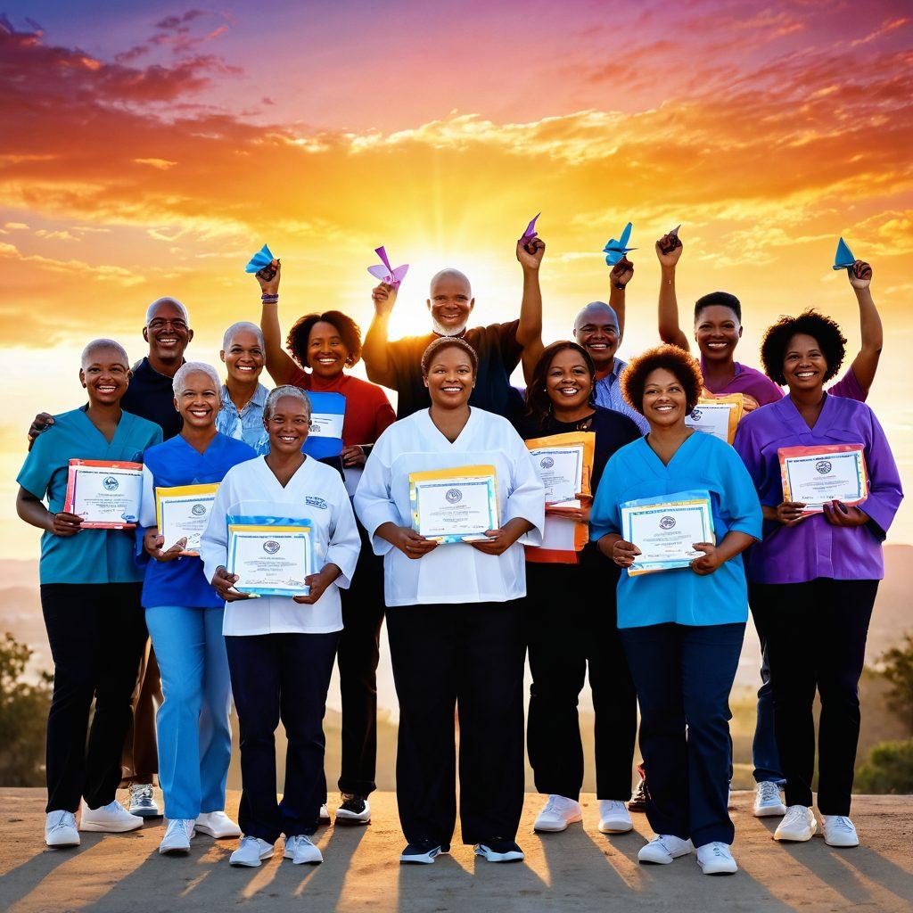 A powerful depiction of a diverse group of cancer survivors, standing proudly together with radiant smiles, holding diplomas and symbolic support items like ribbons and hugs. The background features a vibrant sunrise symbolizing hope and new beginnings, blending elements of classroom and community support, representing education and unity. super-realistic. vibrant colors. inspirational atmosphere.