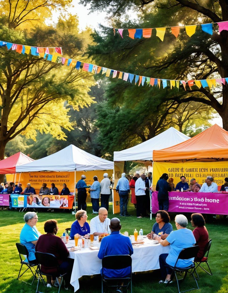 A diverse group of people gathered in a park, sharing stories and resources about cancer care, with a backdrop of colorful banners promoting community support and advocacy. Include elements like informational booths, flowers symbolizing hope, and a warm sunset casting a golden glow over the scene. Emphasize connection and unity among participants. vibrant colors. super-realistic. community theme.